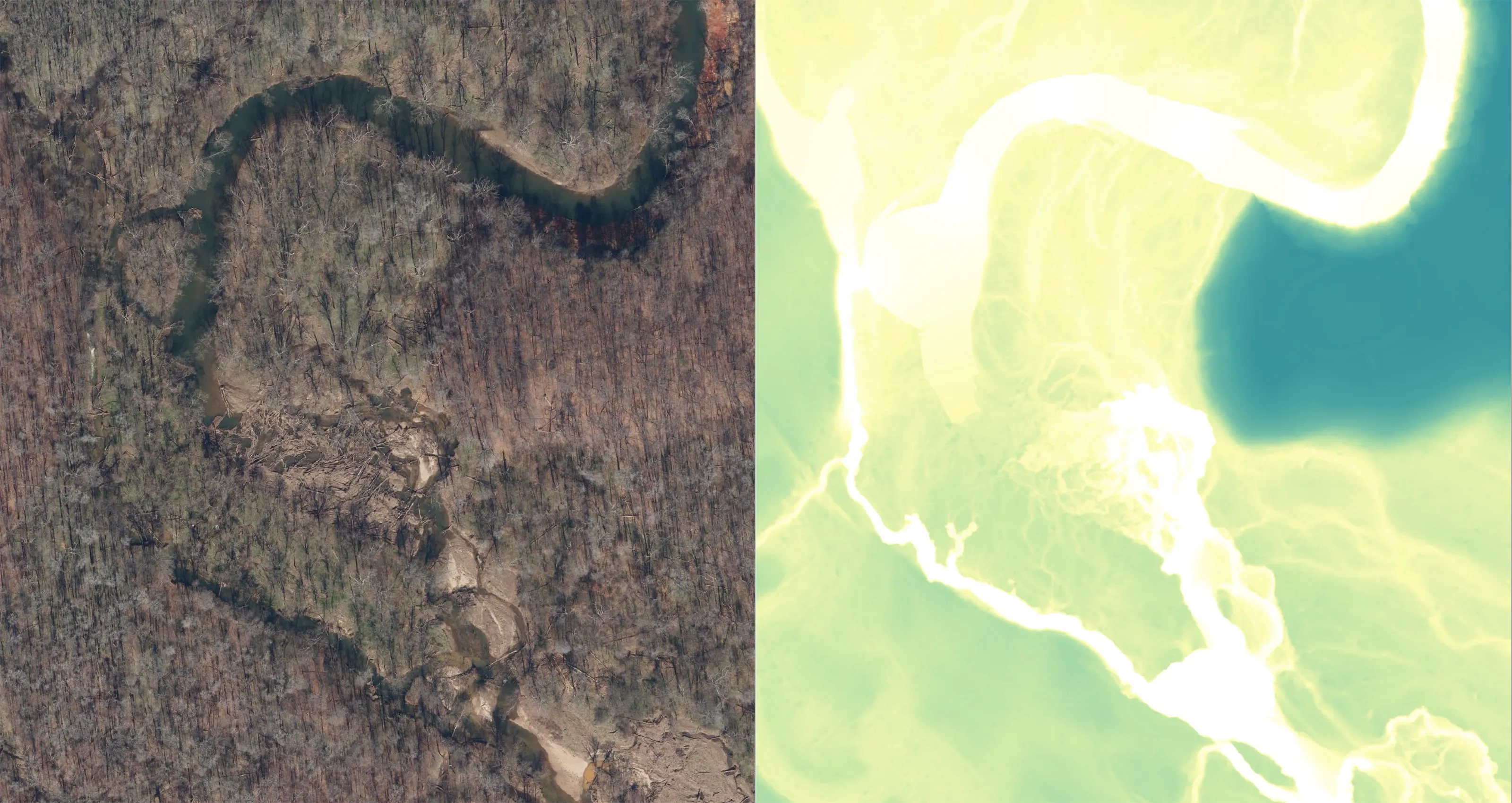 aerial photo and digital elevation model of a log jam