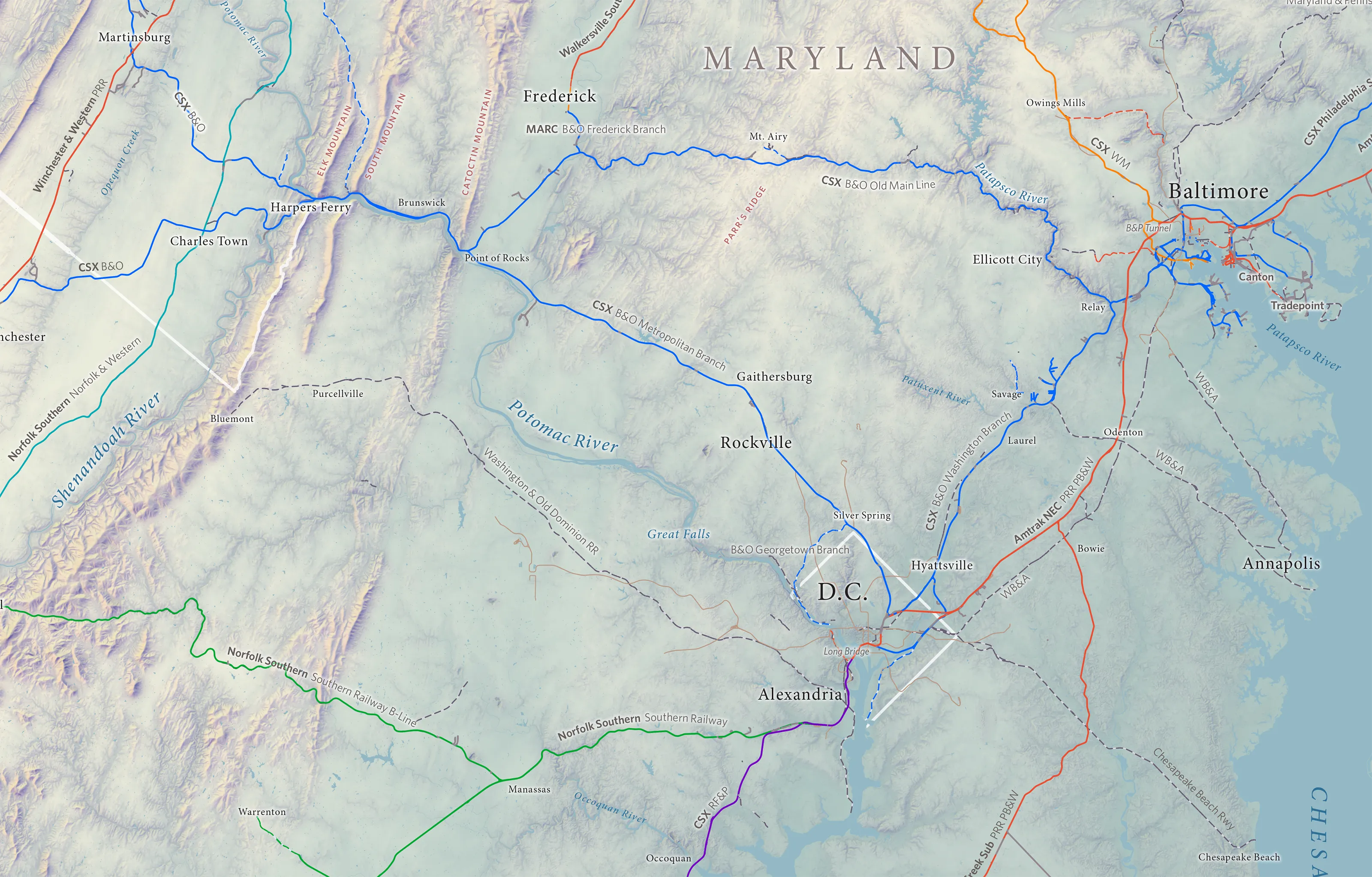 map of the region showing hills and rail lines