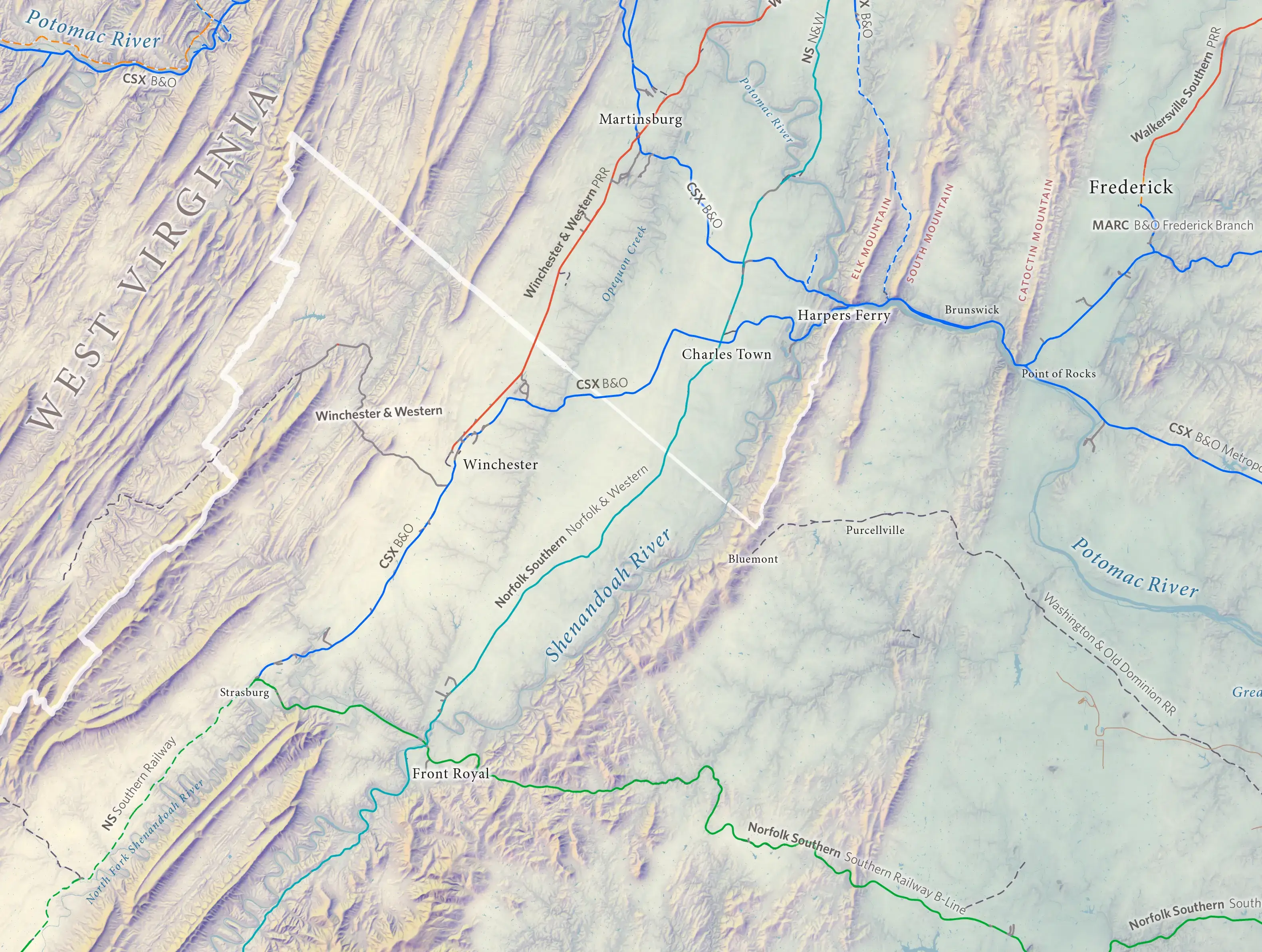 map of the region showing hills and rail lines